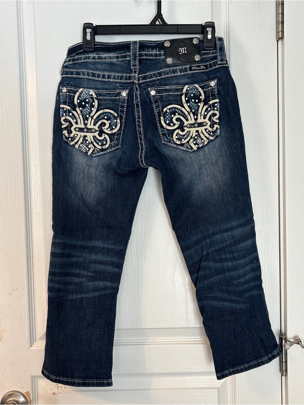 Miss Me Dark Blue Capri Cuffed Jeans with Embellished Fleur-de-Lis Pockets! 28”